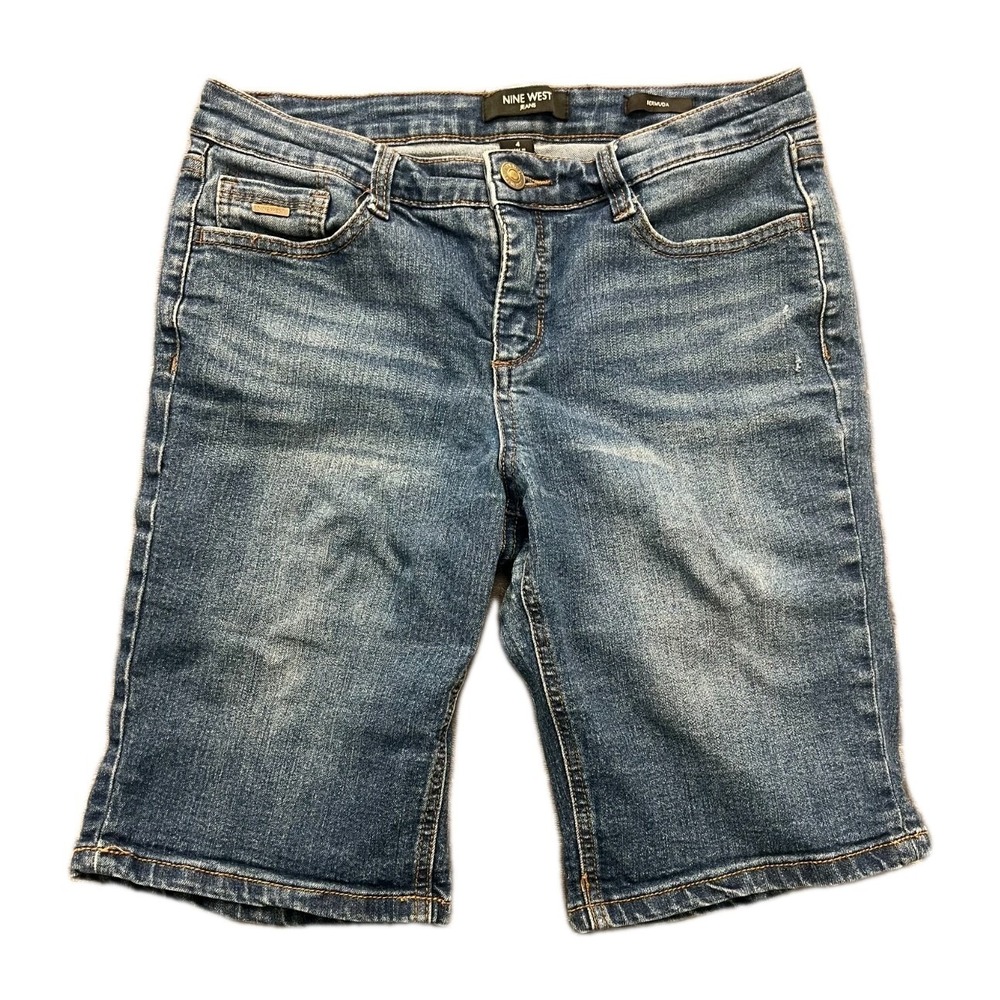 Nine West Bermuda Shorts Womens 4 Blue Studded Pocket Denim Stretch Medium Wash
